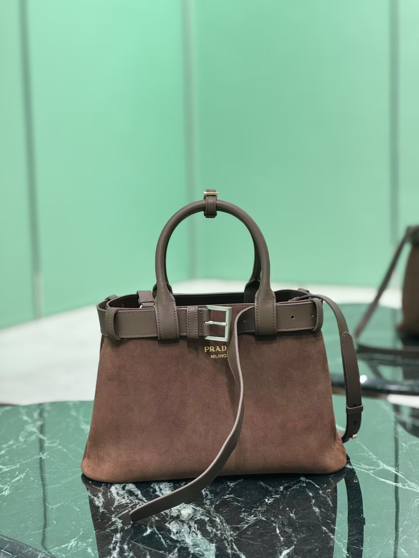 Pra*a buckle medium suede bag with belt 23x32x11cm