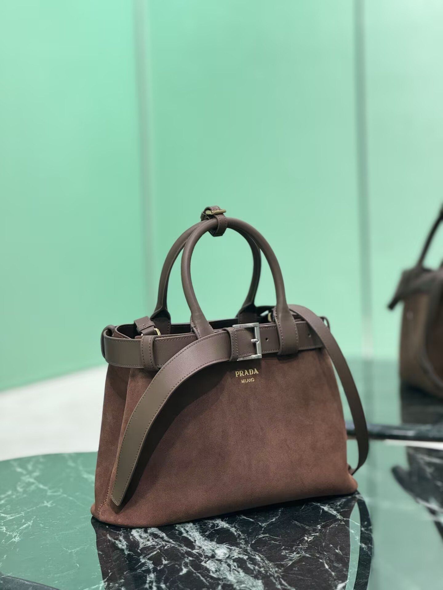 Pra*a buckle medium suede bag with belt 23x32x11cm