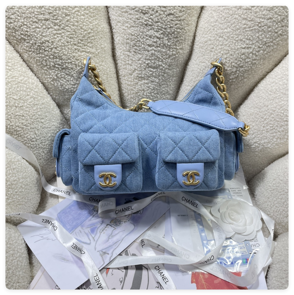 ch*el cruise 2024/25 large hobo bag washed De*1m & gold-tone metal blue  22x 31x 15cm