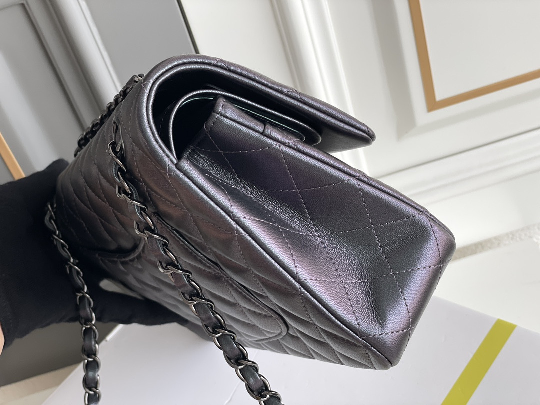 Ch*el crumpled calfskin quited double flap black 19.5×30×10cm