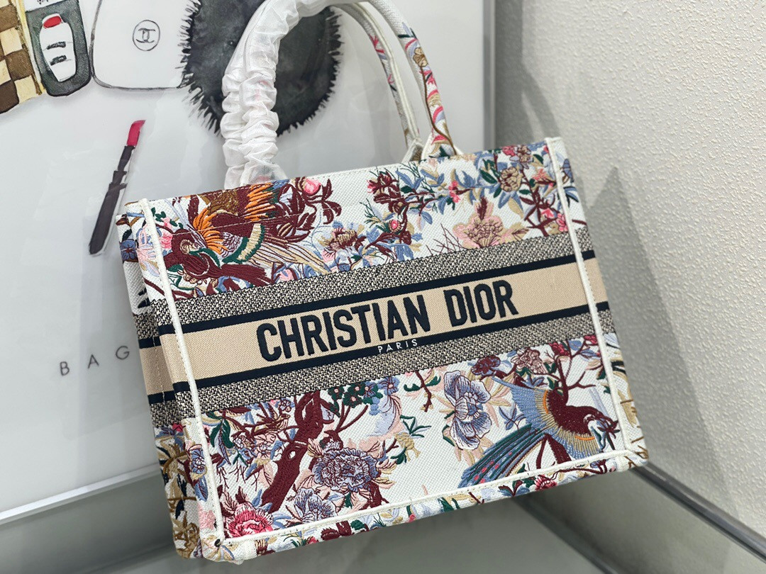 medium D*or book tote white multicolor dragon zodiac embroidery 36 x 27.5 x 16.5 cm