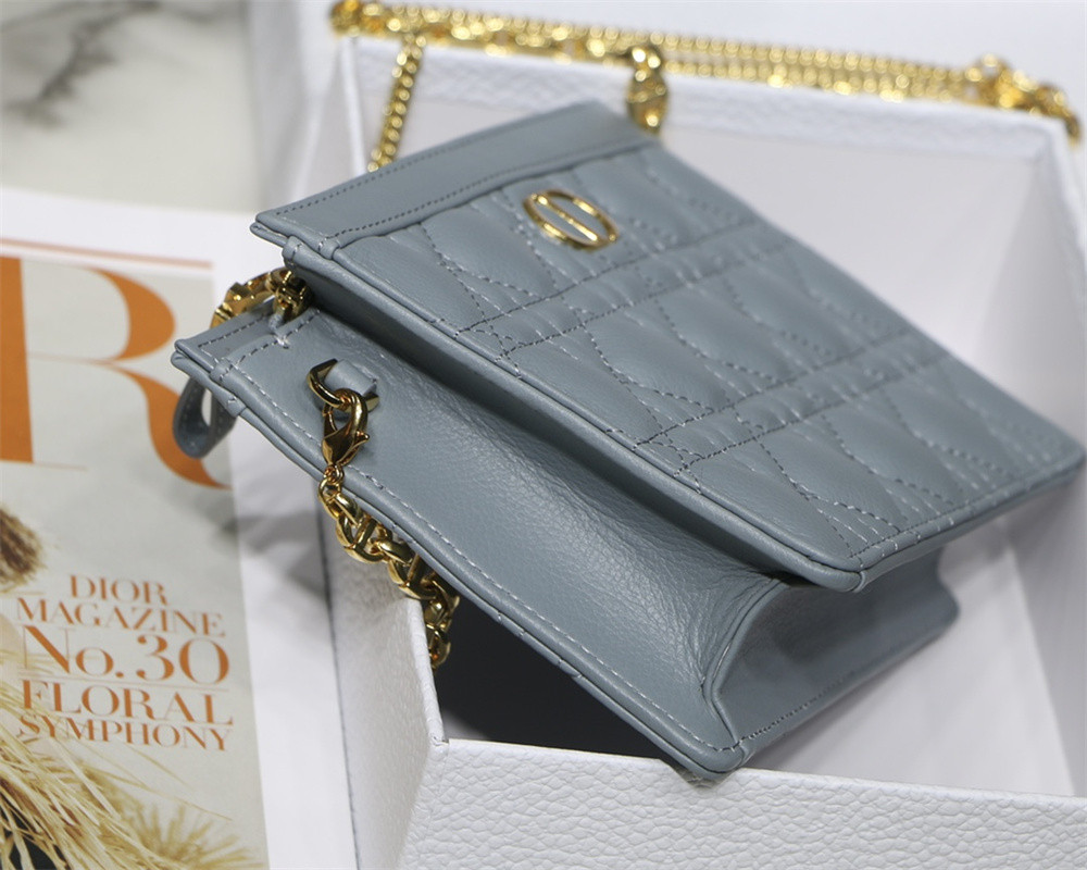 d*or caro zipped pouch with chain blue S*pple cannage calfskin 19 x 14 x 4.5 cm