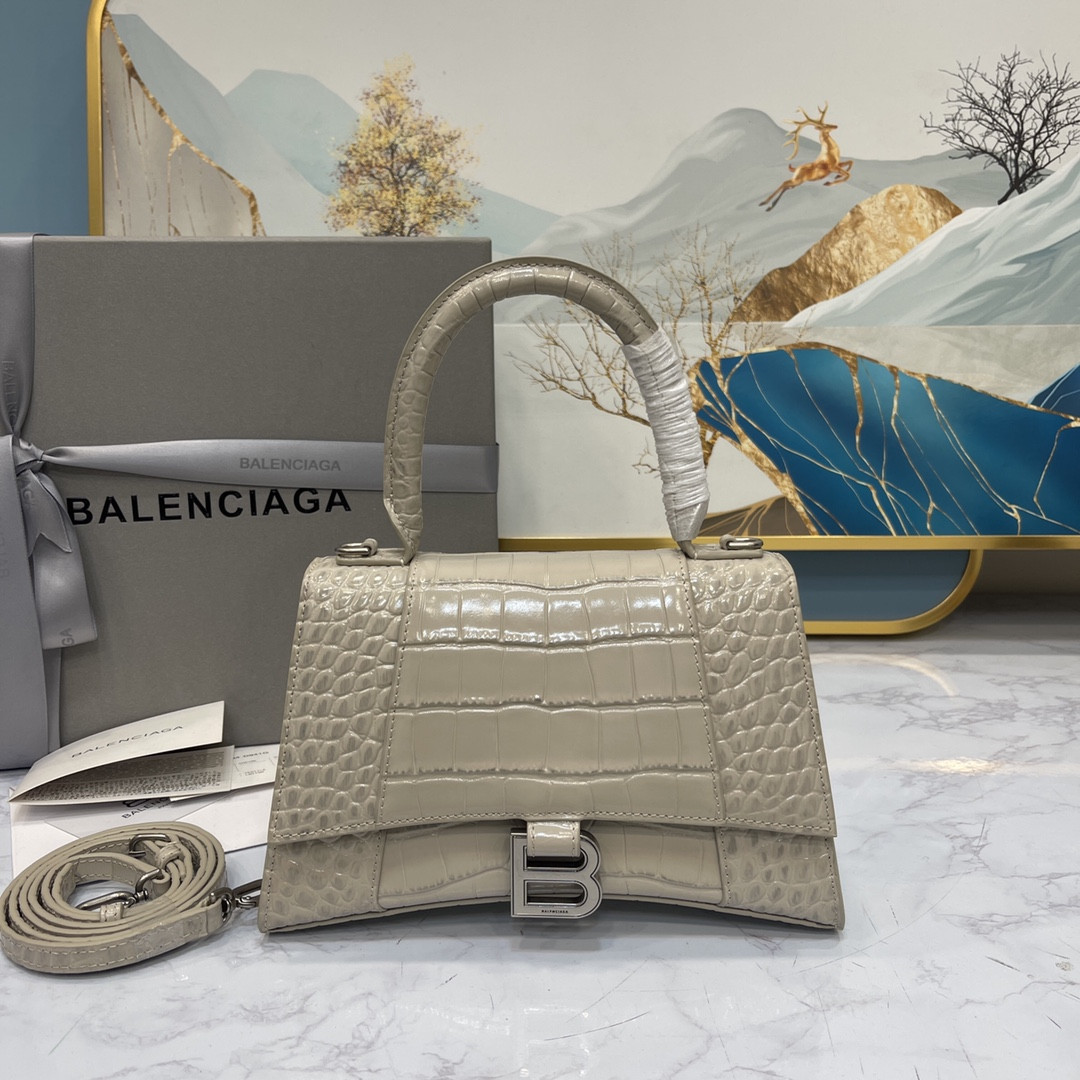 Ba*len*cia*ga women's hourglass small handbag crocodile embossed in grey l9 x h5.5 x w3.9 inch