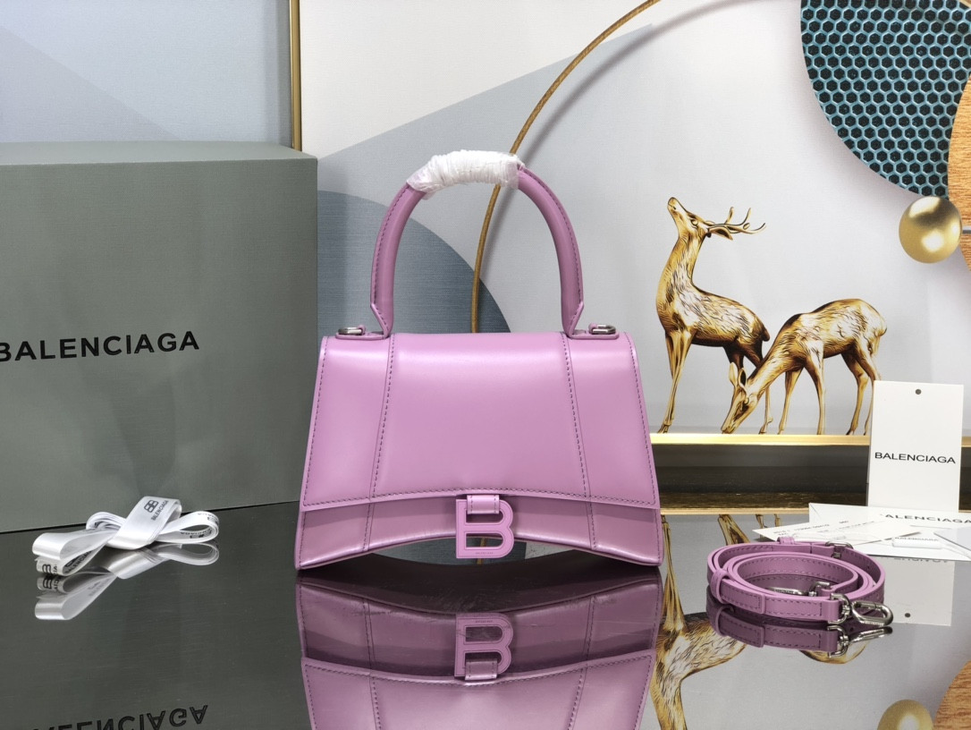 Ba*len*cia*ga women's hourglass small handbag in shiny pink box l9 x h5,5 x w3,9 inch