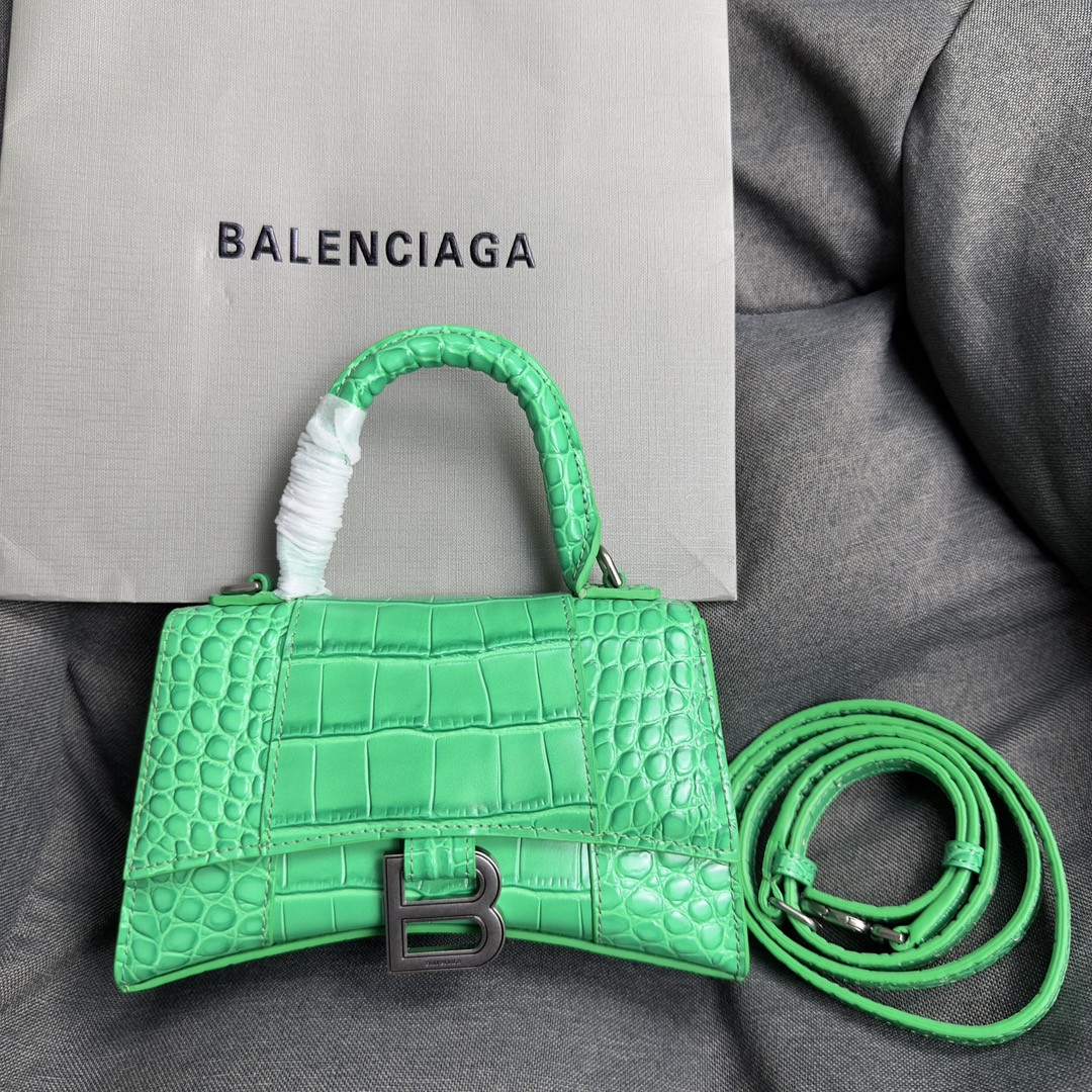 Ba*len*cia*ga women's hourglass mini handbag crocodile embossed in shiny green l7.4 x h5.1 x w3.1 inch
