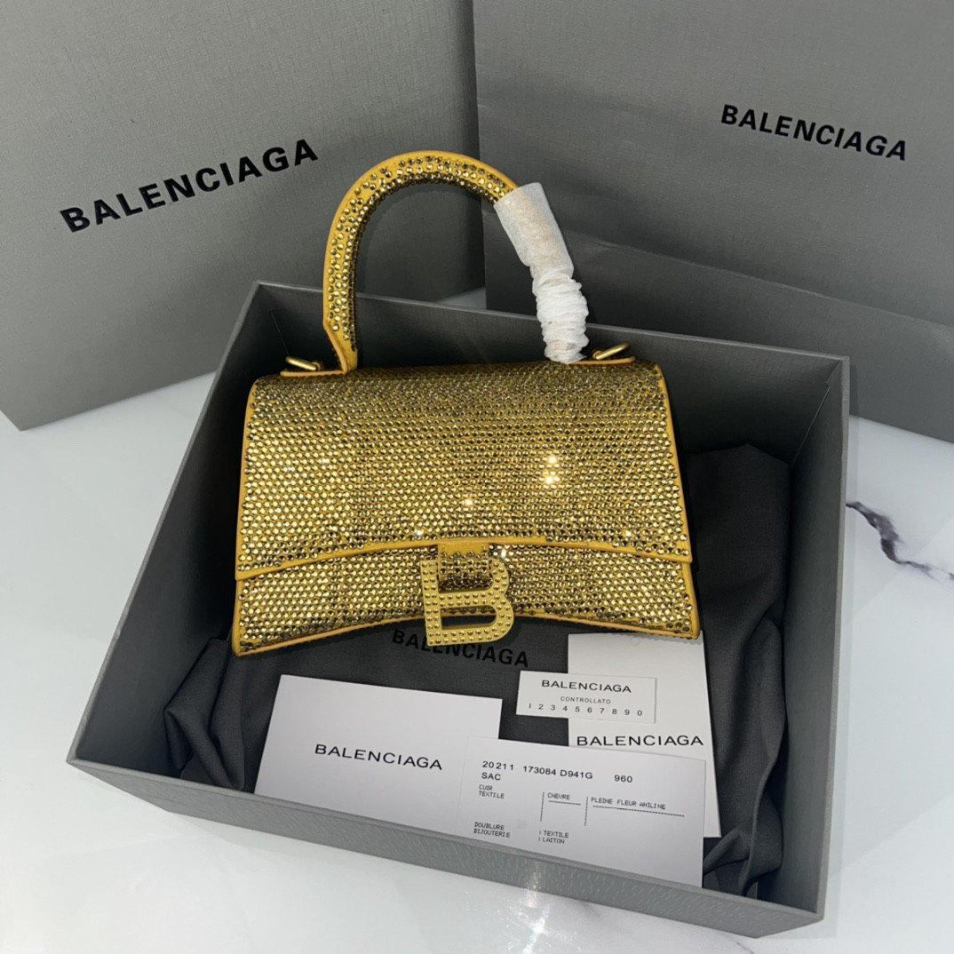 Ba*len*cia*ga women's hourglass mini handbag with rhinestones yellow l7.4 x h5.1 x w3.1 inch