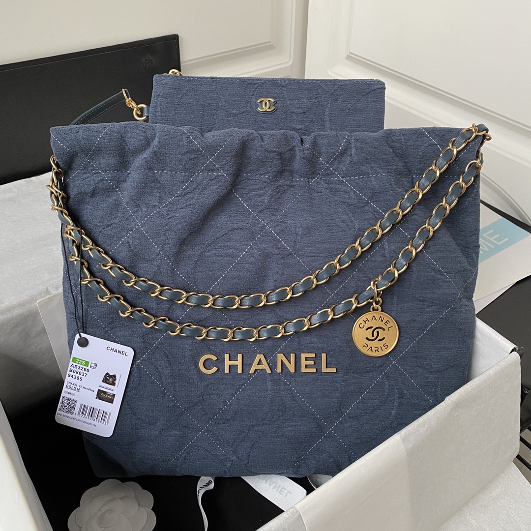 Ch*el 22 small handbag velvet navy 13.7×14.4×2.7 in