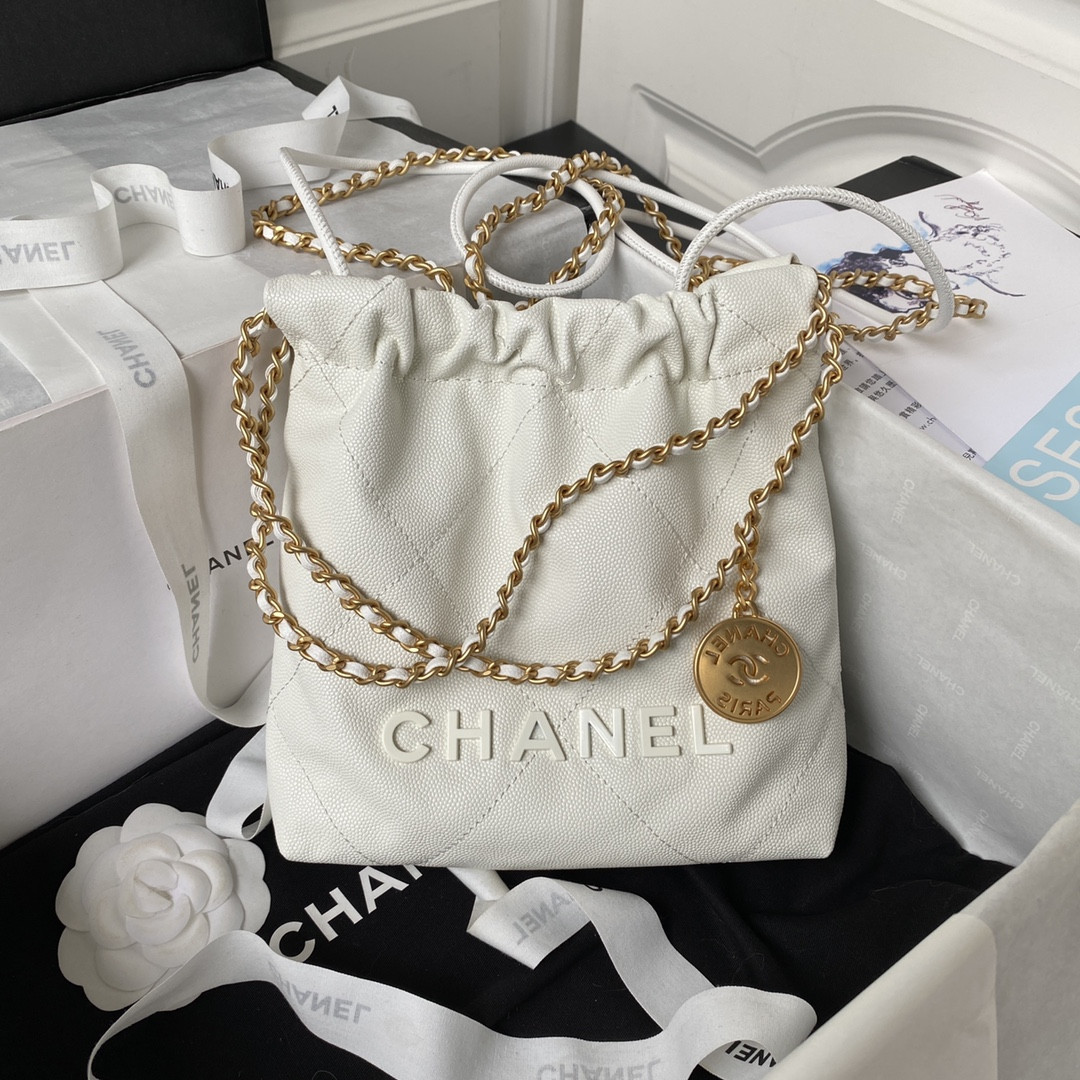 Ch*el 22 mini handbag grained leather white 7.8 × 7.4 × 2.3 in
