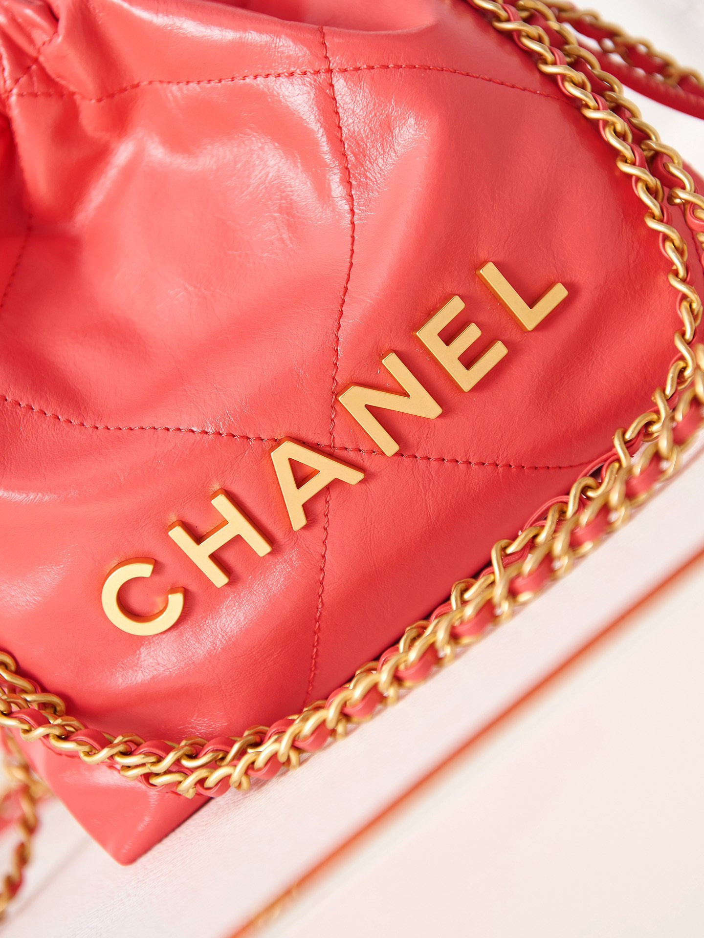 Ch*el 22 mini handbag shiny calfskin red 7.8 × 7.4 × 2.3 in