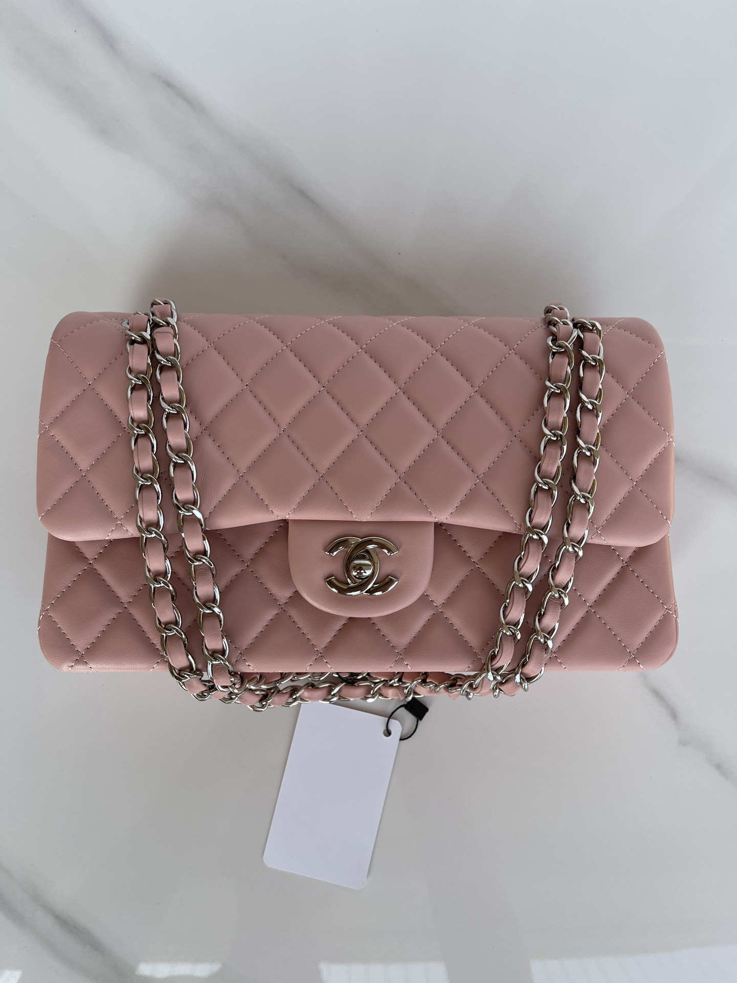 Ch*el classic flap 25cm cf pink silver 6 × 9.9 × 2.5 in