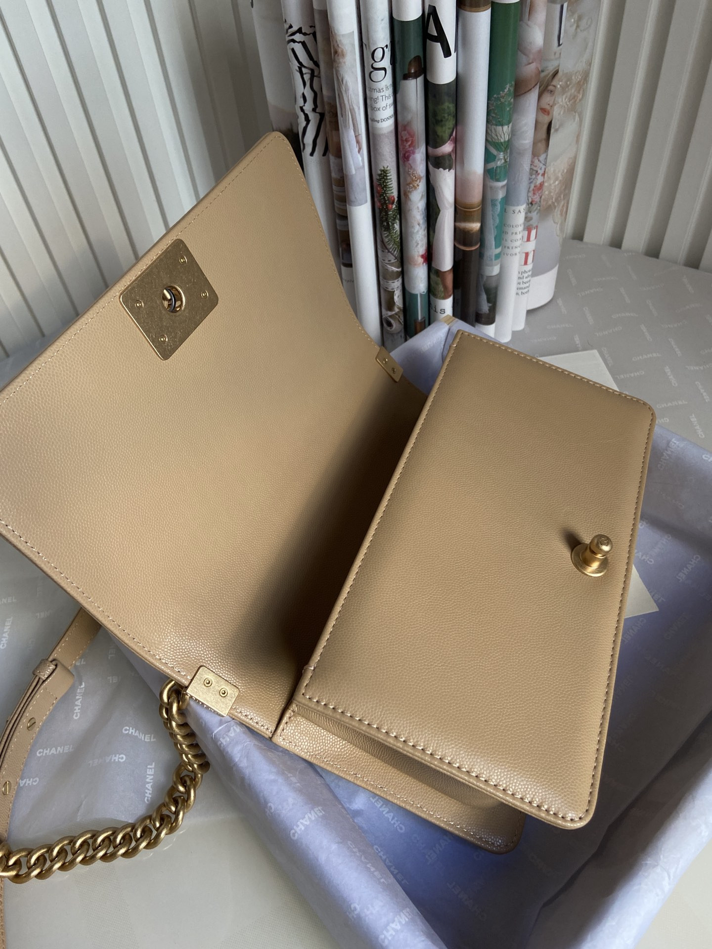 boy Ch*el handbag shiny grained calfskin brown 5.9 × 9.8 × 3.5 in