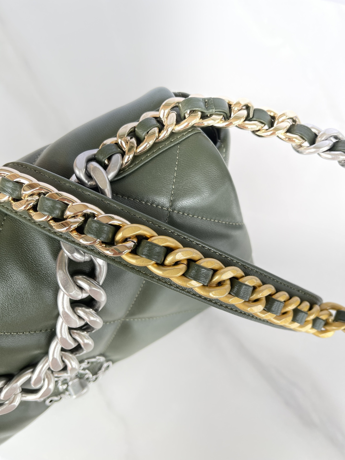 Ch*el 19 large handbag shiny leather, gold-tone, silver-tone & ruthenium-finish metal dark green 7.8 × 11.7 × 3.9 in