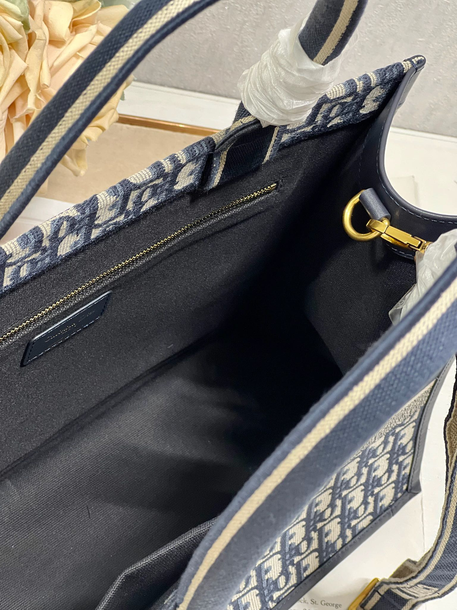 medium D*or book tote ecru and blue D*or oblique embroidery 14 x 11 x 6.5 inches
