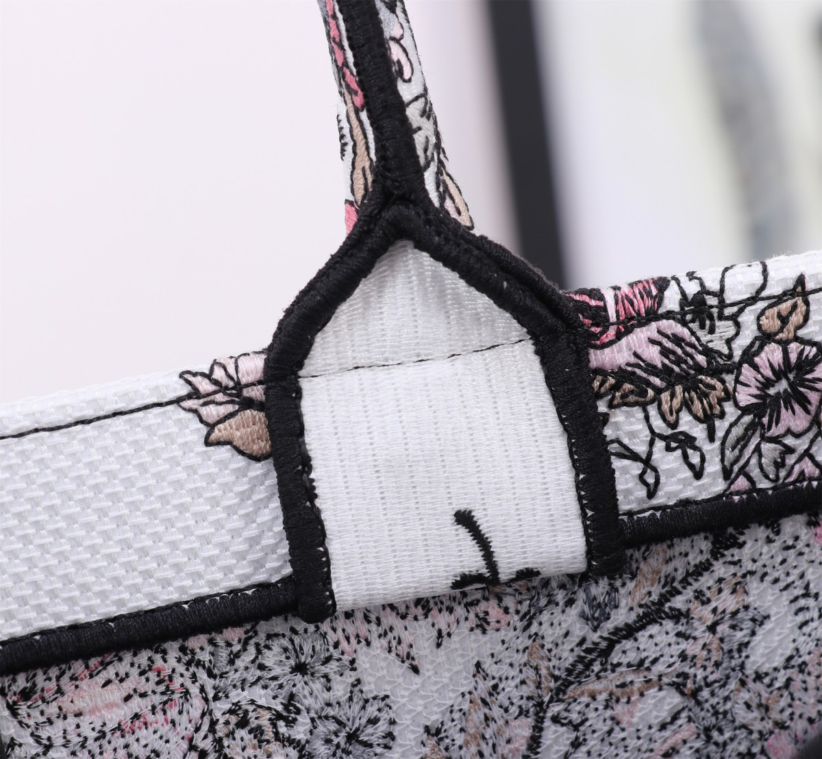 medium D*or book tote  white and pastel pink butterfly around the world embroidery 14 x 11 x 6.5 inches