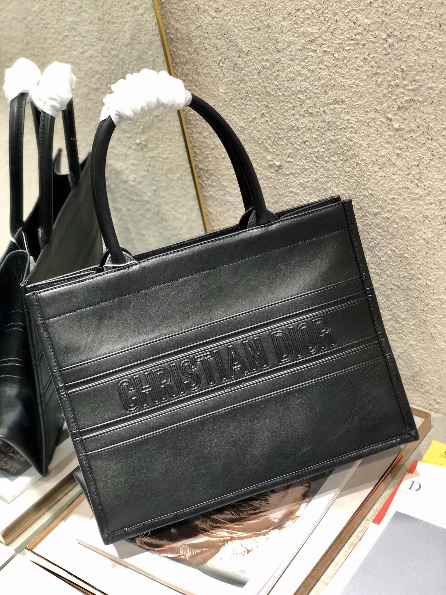 calfskin embossed medium D*or book tote black 14 x 11 x 6.5 inches