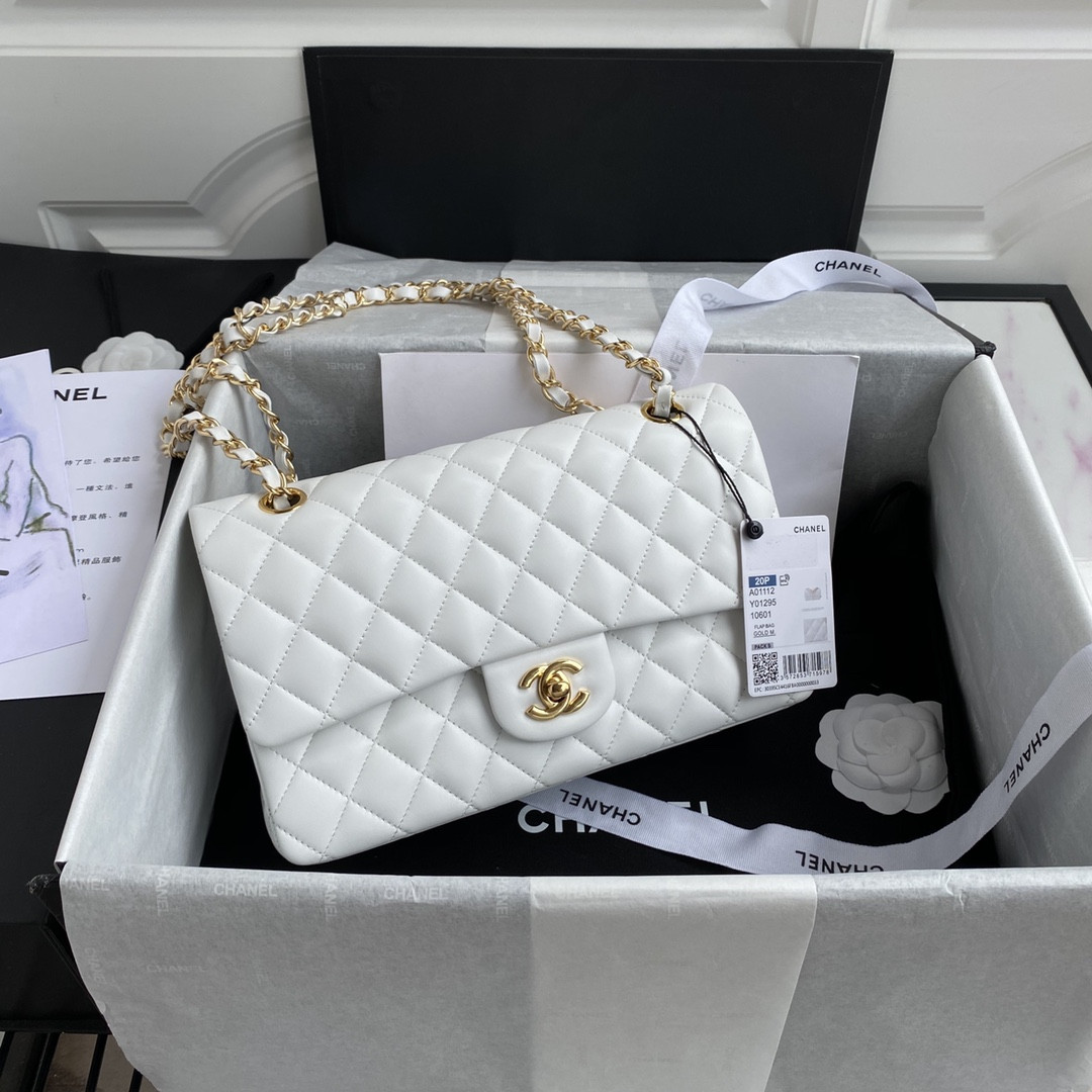 Ch*el classic handbag grained shiny calfskin & gold-tone metal white 6 × 9.9 × 2.5 in