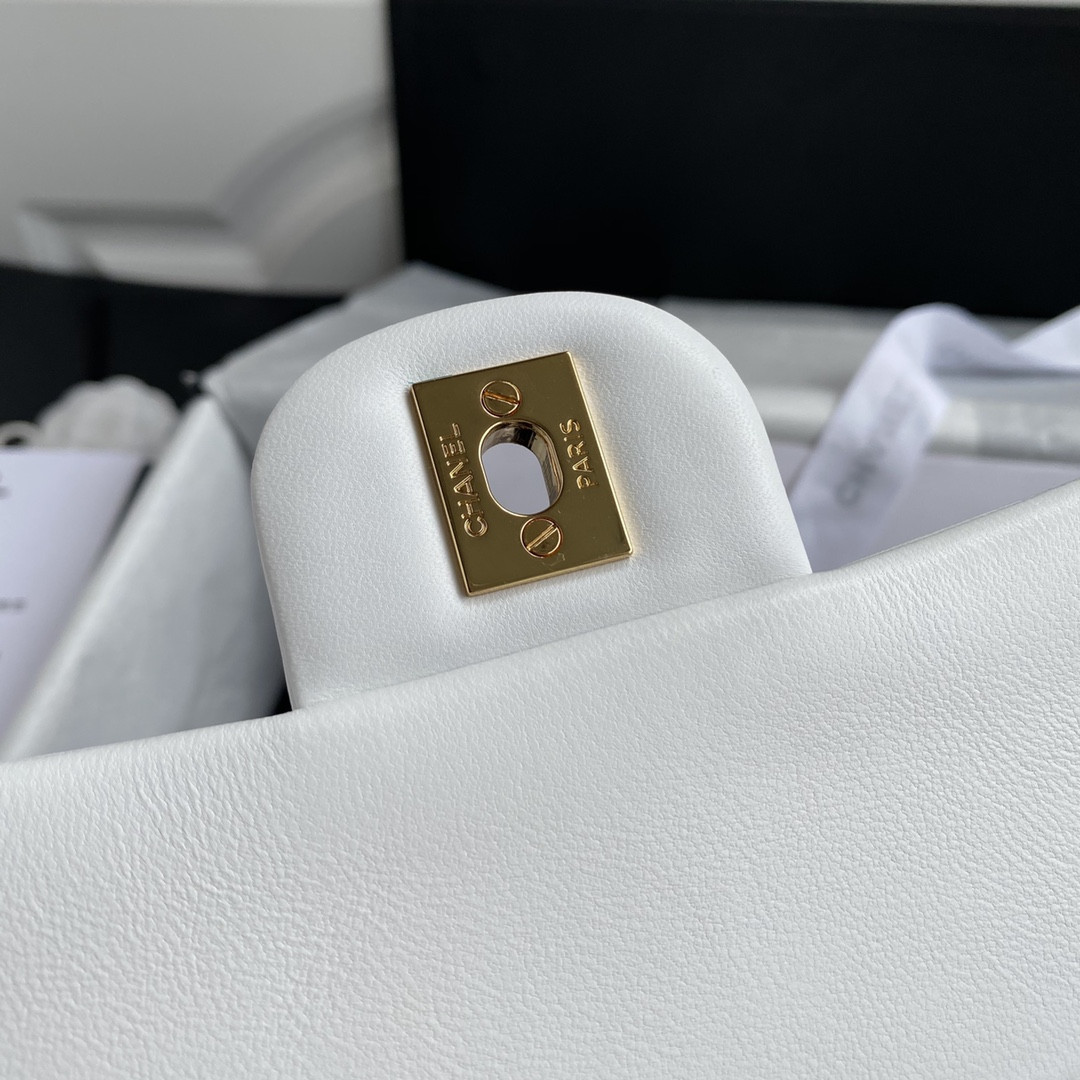Ch*el classic handbag grained shiny calfskin & gold-tone metal white 6 × 9.9 × 2.5 in