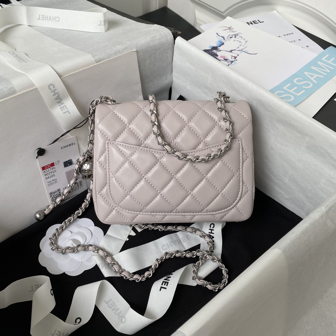 Ch*el mini flap bag shiny calfskin & silver-tone metal 5.3 × 6.6 × 3.1 in