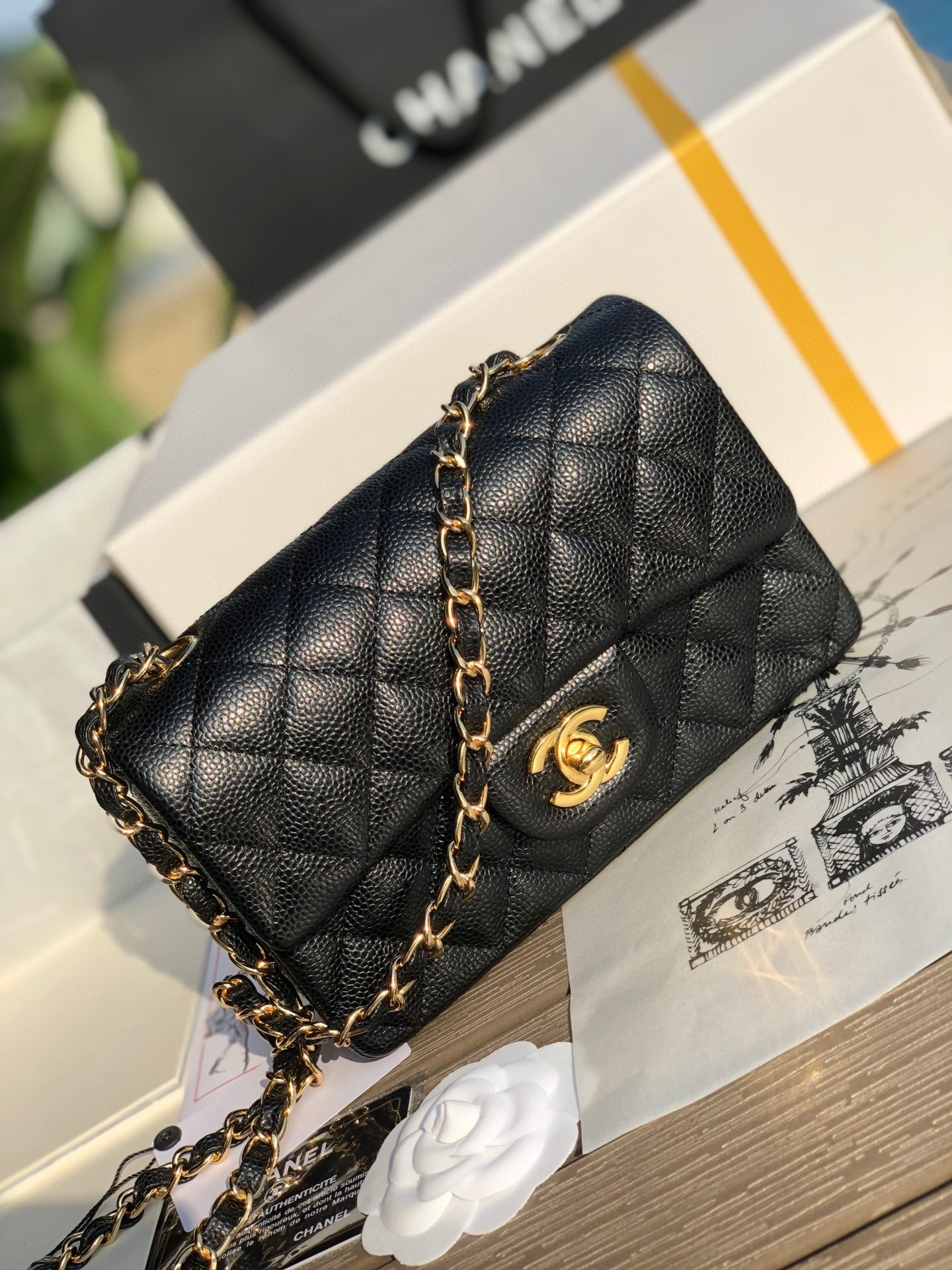 Ch*el mini flap bag black with gold-tone mental 4.7 × 7.8 × 2.3 in