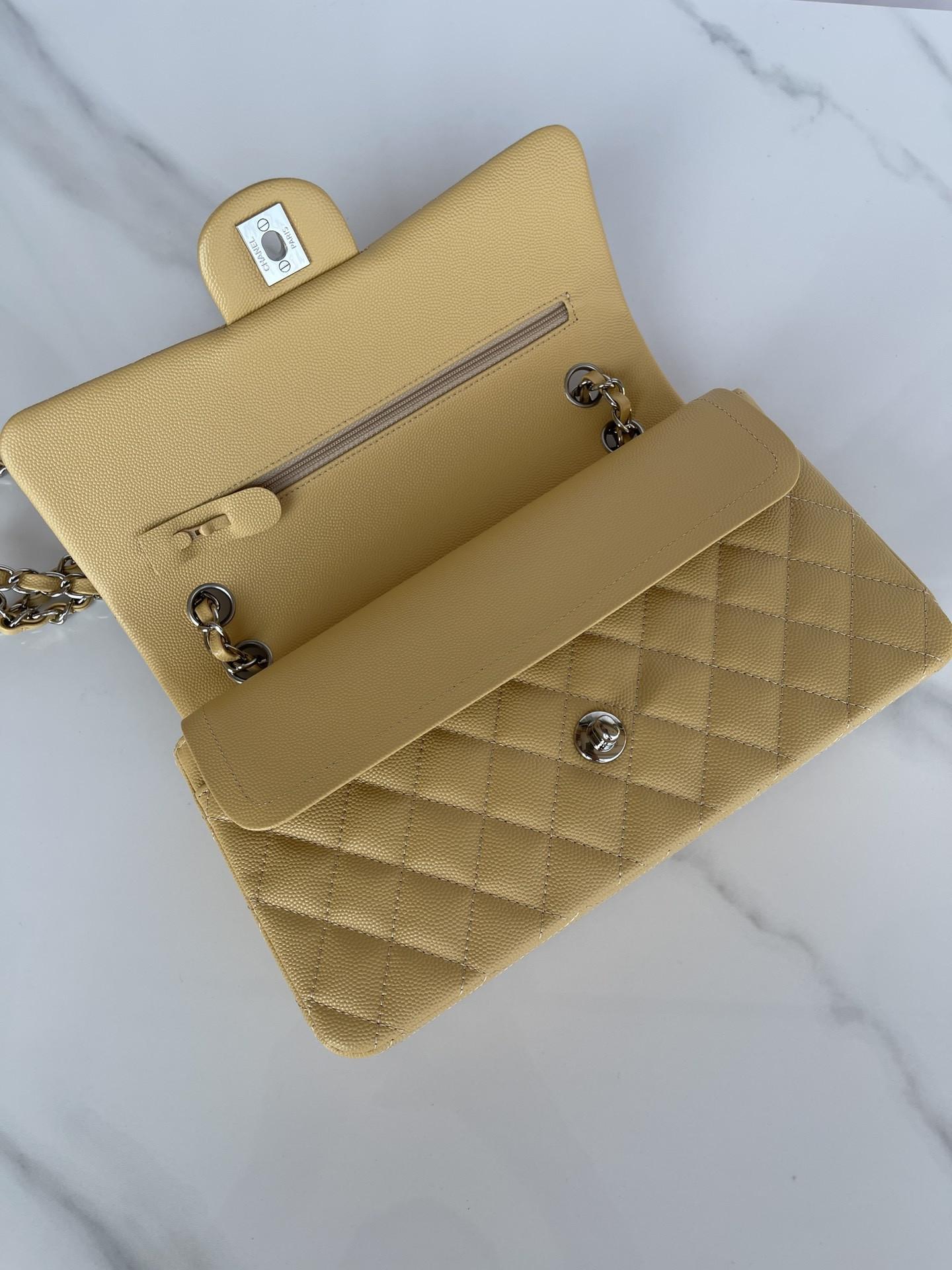 Ch*el classic handbag grained calfskin & silver-tone metal yellow 6 × 9.9 × 2.5 in