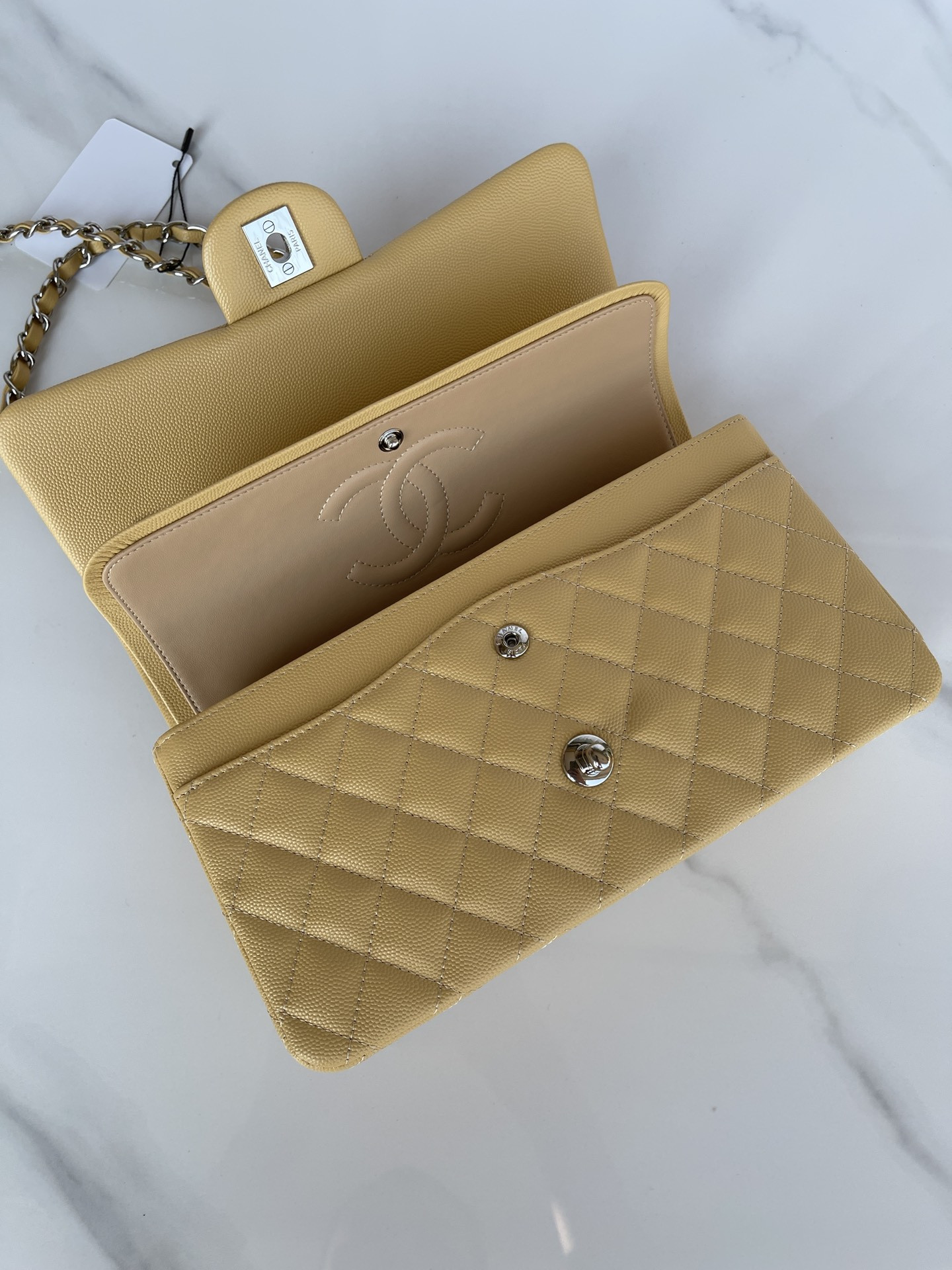 Ch*el classic handbag grained calfskin & silver-tone metal yellow 6 × 9.9 × 2.5 in