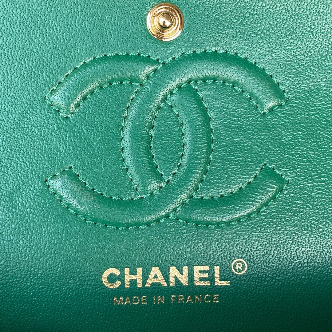Ch*el small classic handbag grained shiny calfskin & gold-tone metal green 5.7 × 9 × 2.3 in