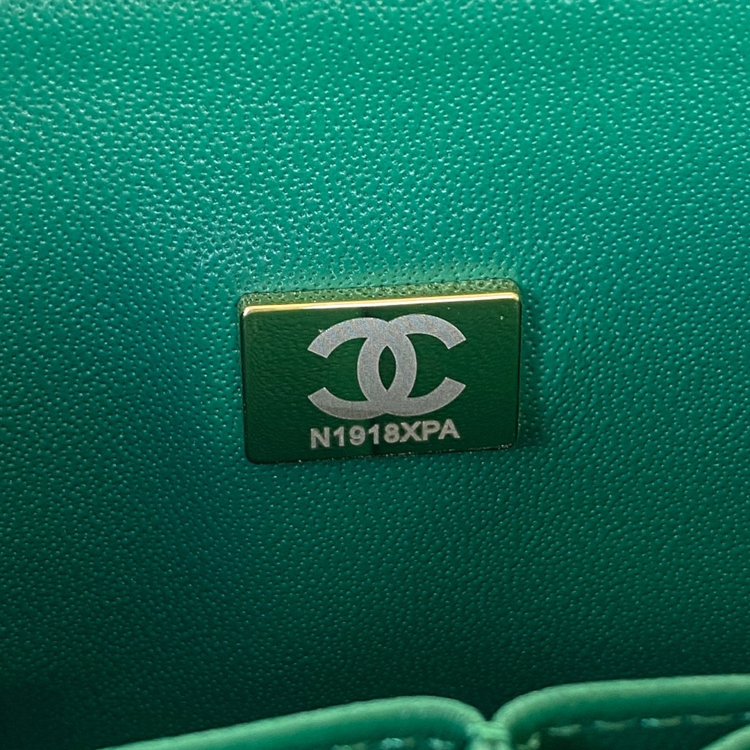 Ch*el small classic handbag grained shiny calfskin & gold-tone metal green 5.7 × 9 × 2.3 in