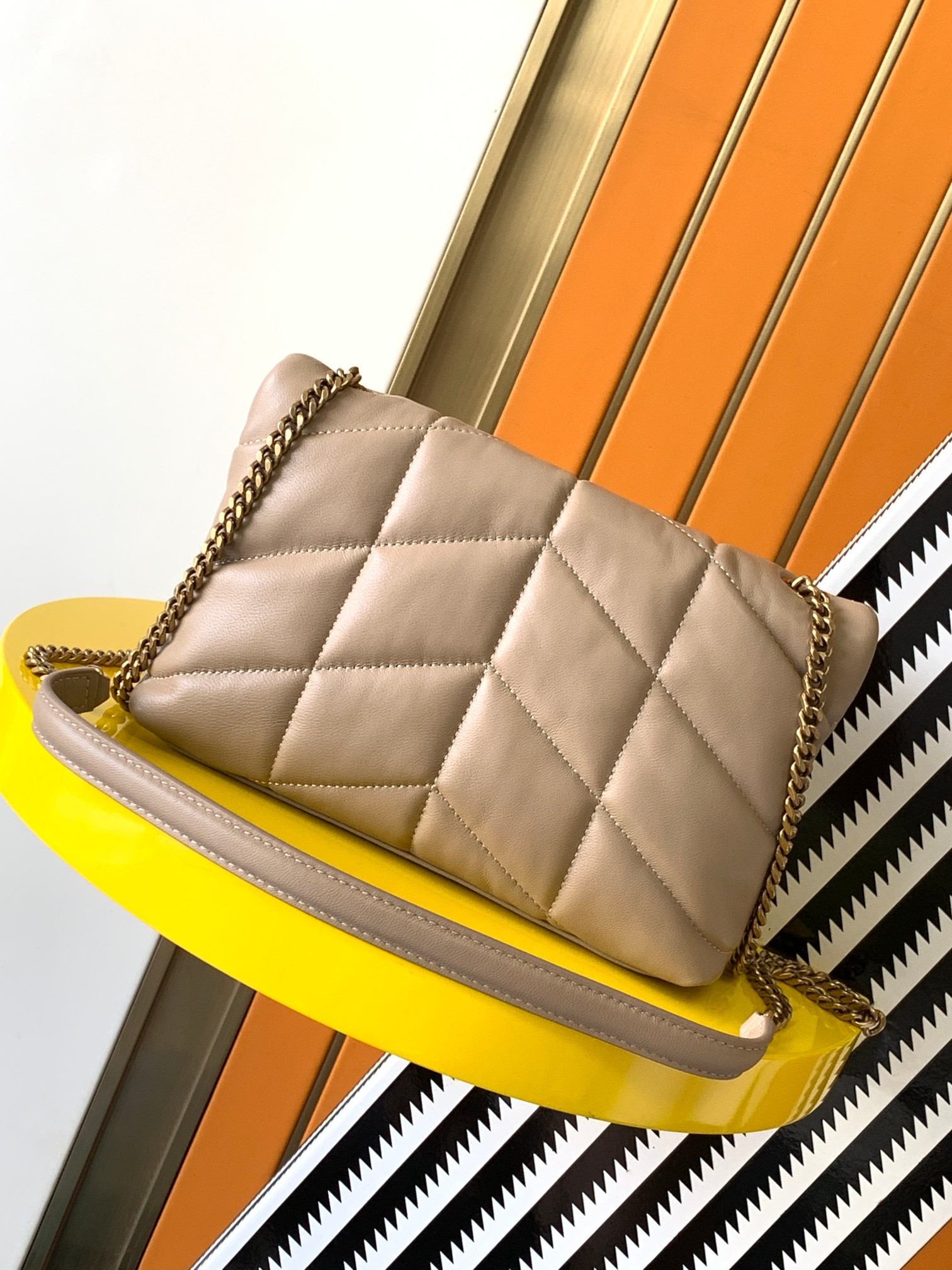 Y*L puffer medium in nappa leather dark beige 13.7 x 9 x 5.3 inches