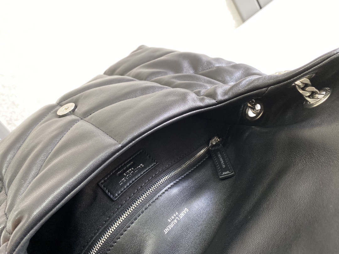 Y*L loulou puffer medium in nappa leather black silver 13.7 x 9 x 5.3 inches