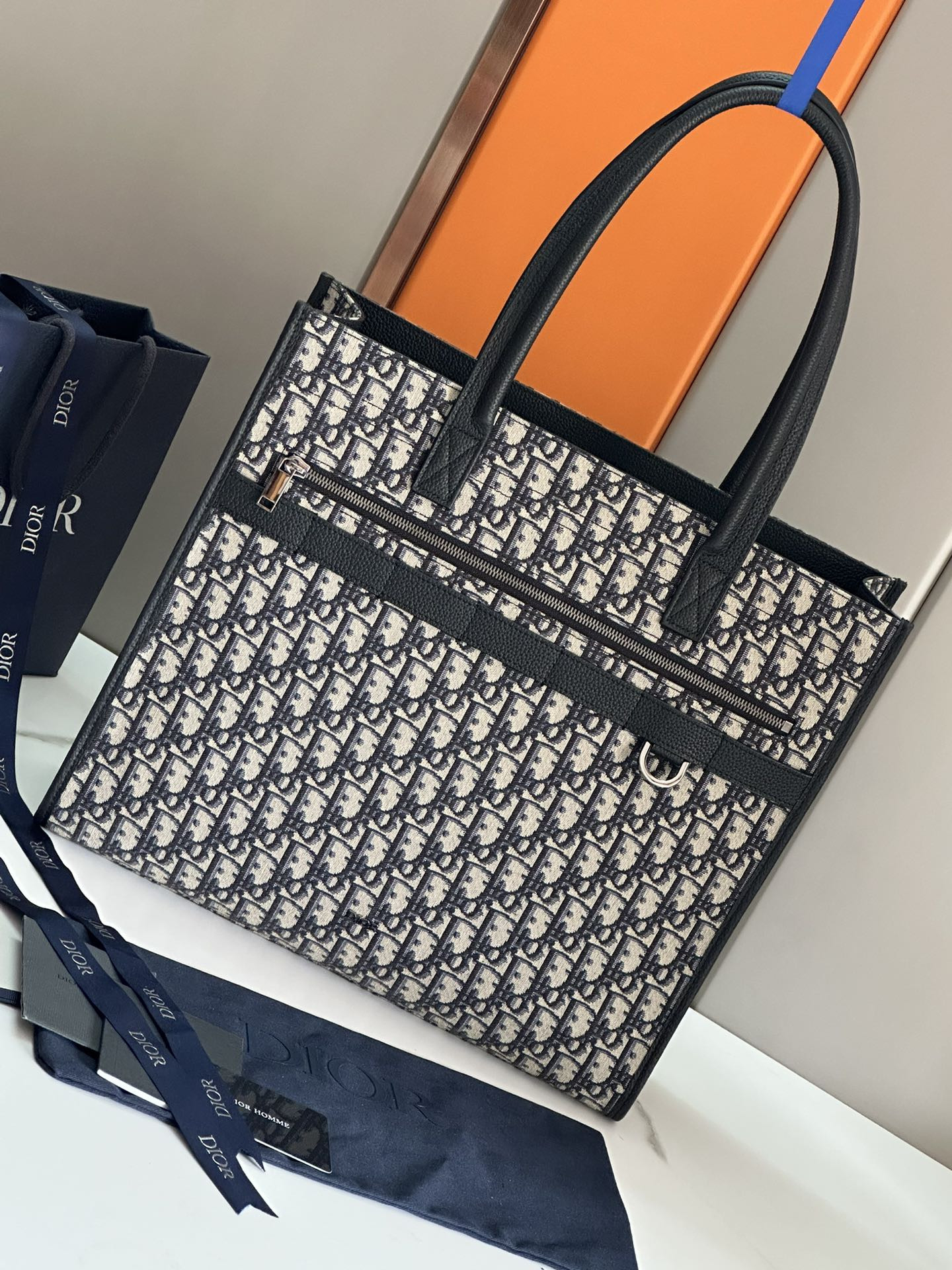 D*or safari tote bag blue D*or oblique jacquard and grained calfskin 15.5 x 14 x 4.5 inches