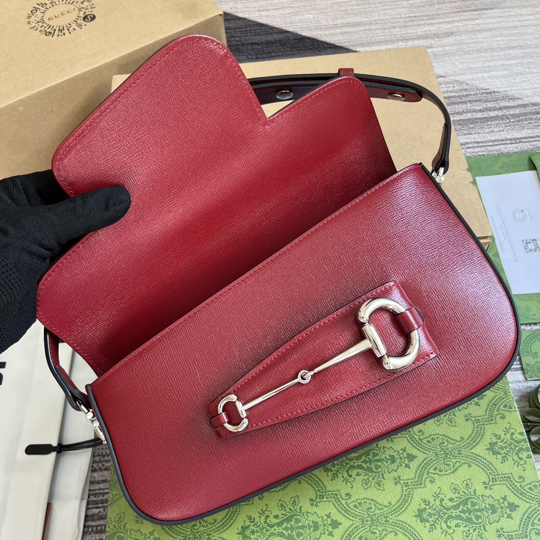 G*u*i horsebit 1955 small shoulder bag red 10.4"w x 6.7-4.1"h x 3.1-1.6"d