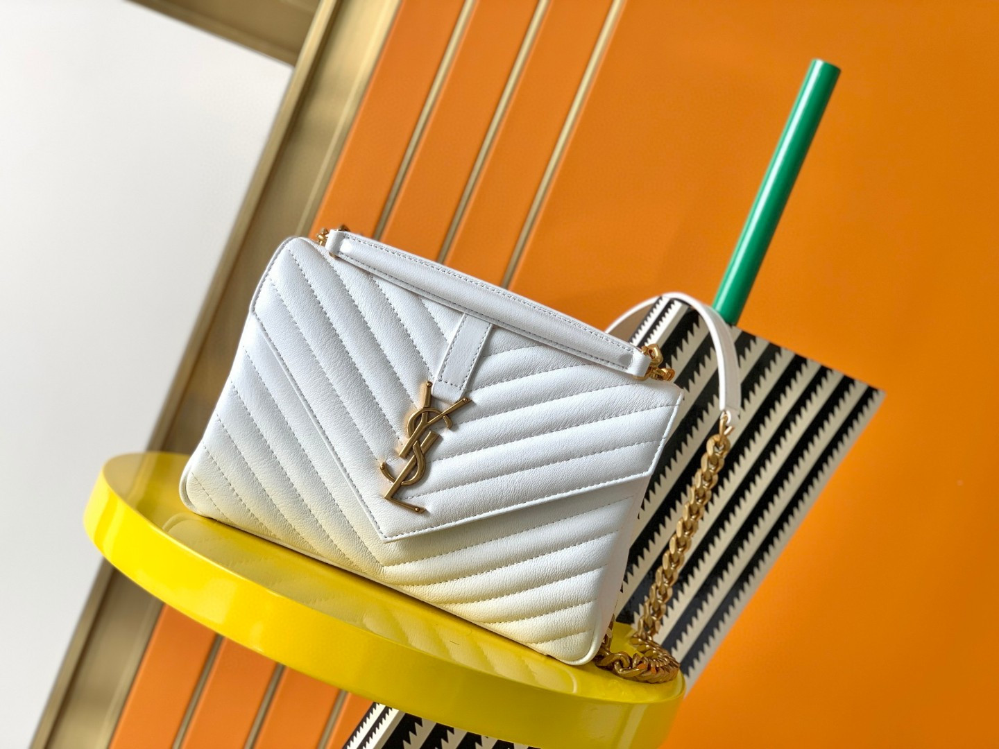 Y*L college medium in quilted leather white  9.4 x 6.6 x 2.5 inches
