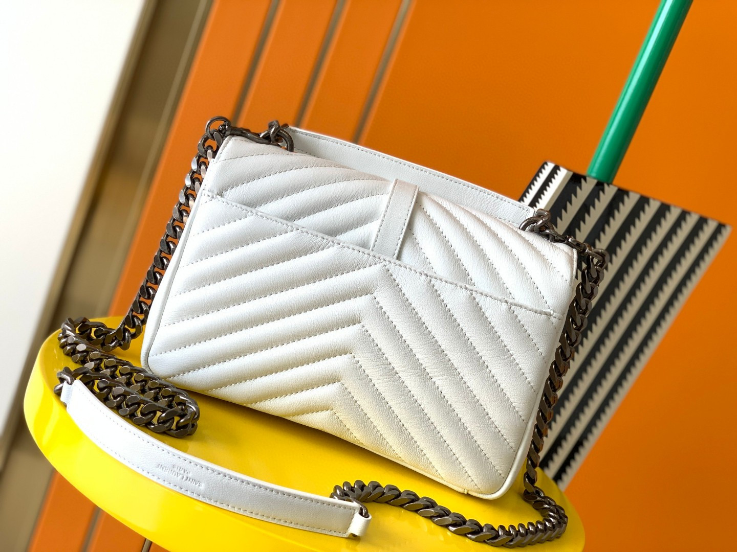 Y*L college medium in quilted leather white silver 9.4 x 6.6 x 2.5 inches