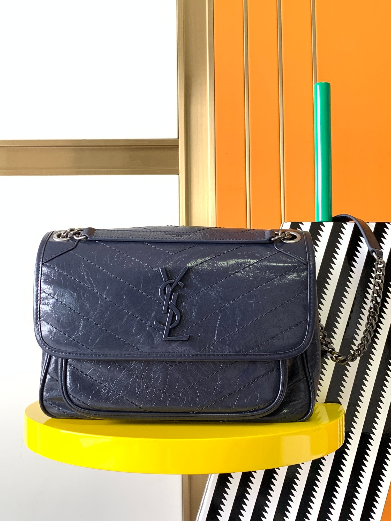 Y*L niki medium in vintage leather navy 11 x 7.8 x 3.3 inches