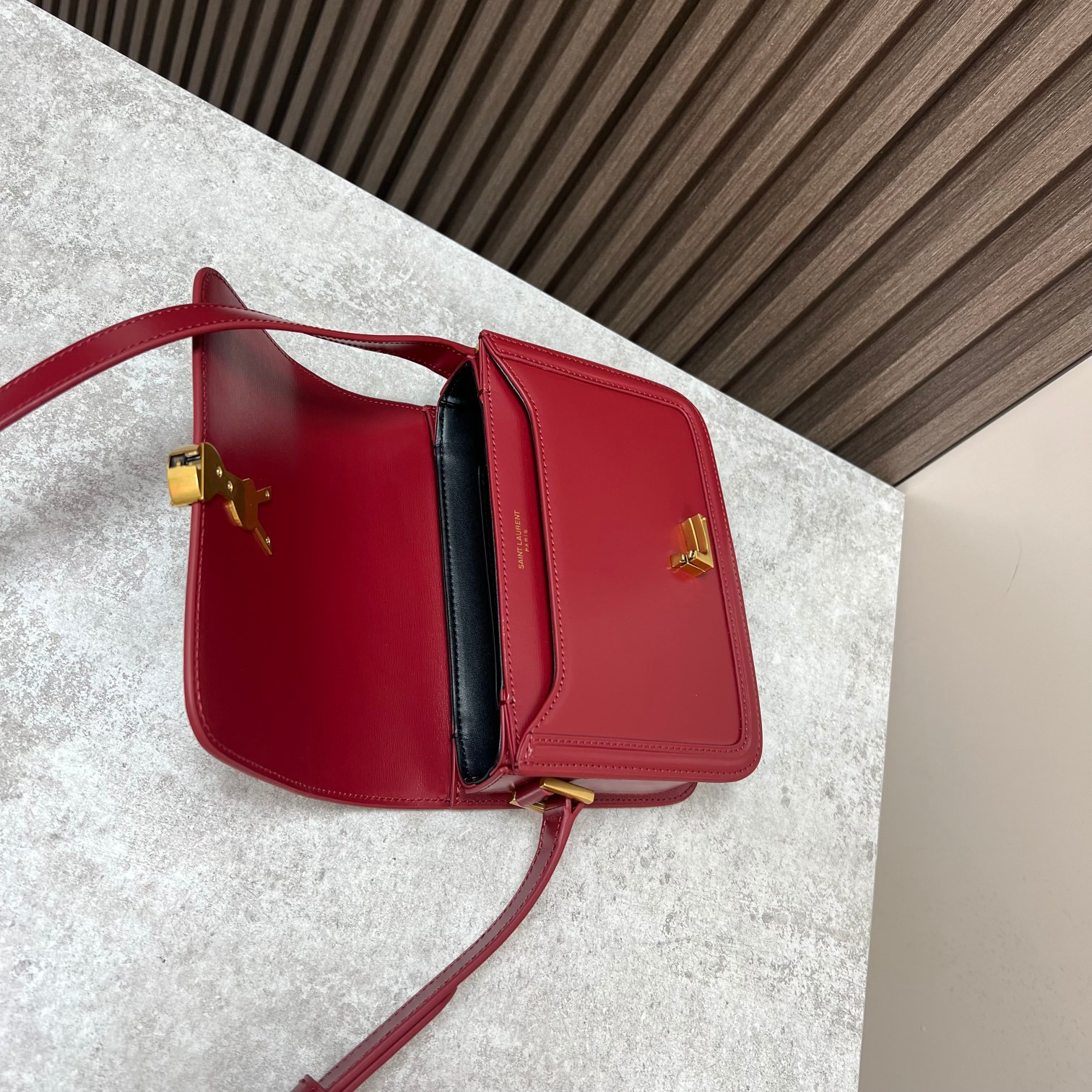 y*l solferino small satchel in box Sa**t Lau*nt red 7.4 x 5.1 x 1.9 inches