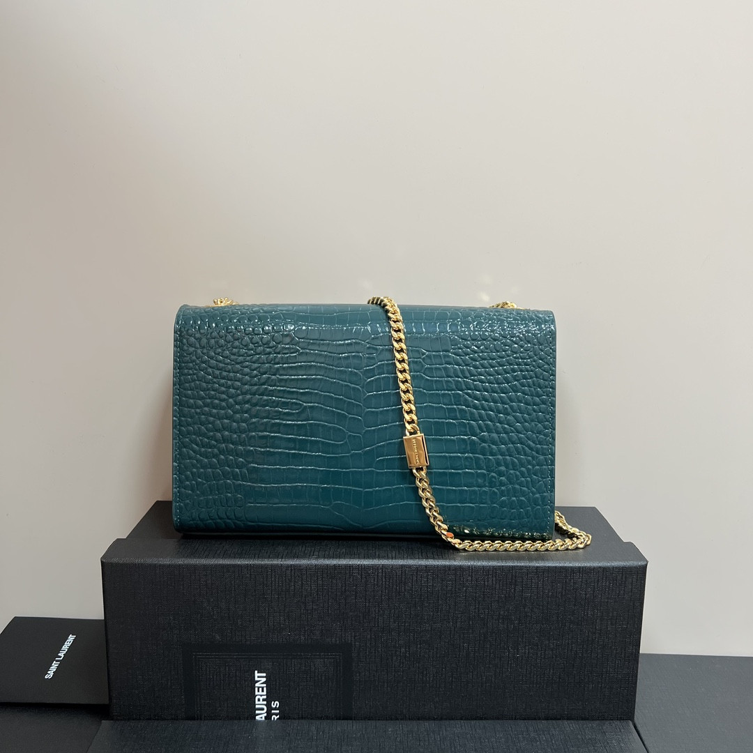 Y*L kate medium tassel in crocodile-embossed leather blue 9.4 x 5.7 x 2.1 inches