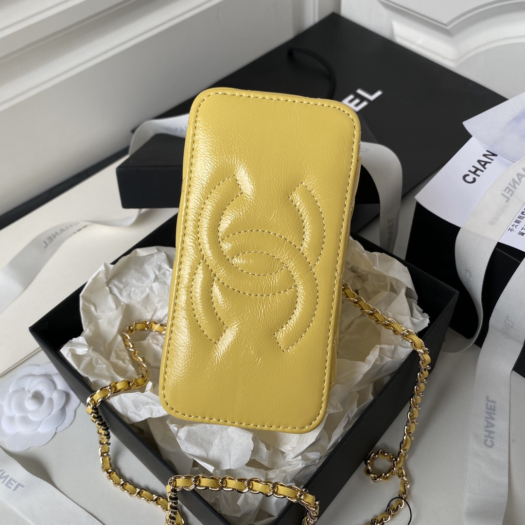 Ch*el 24p chain leather square box shoulder bag yellow 16x10x8cm