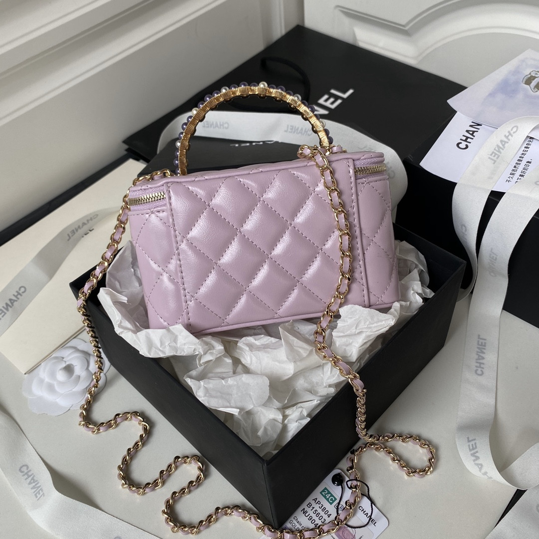 Ch*el 24p chain leather square box shoulder bag purple 16x10x8cm
