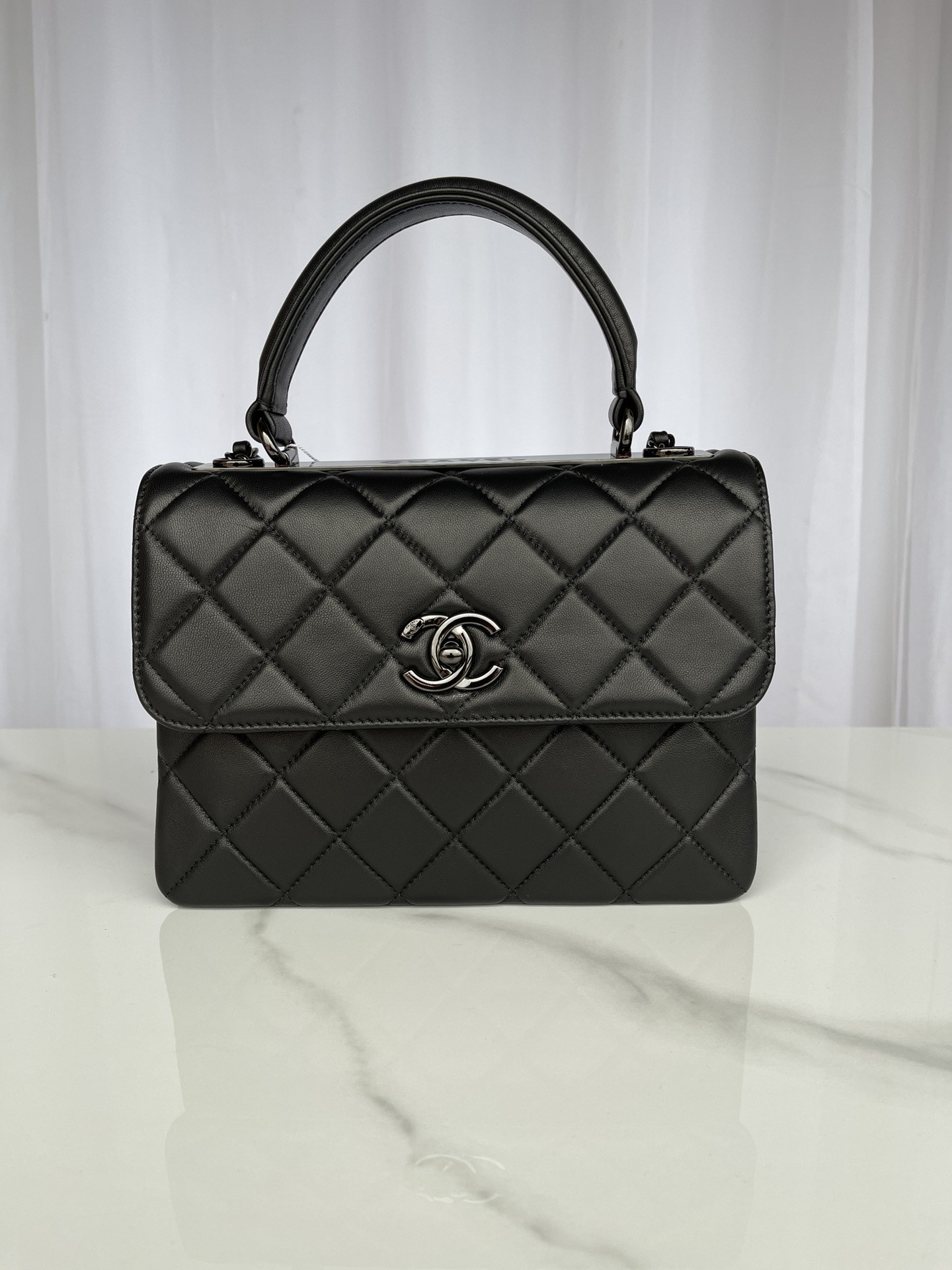 Ch*el flap bag with top handle black 6.6 × 9.8 × 4.7 in