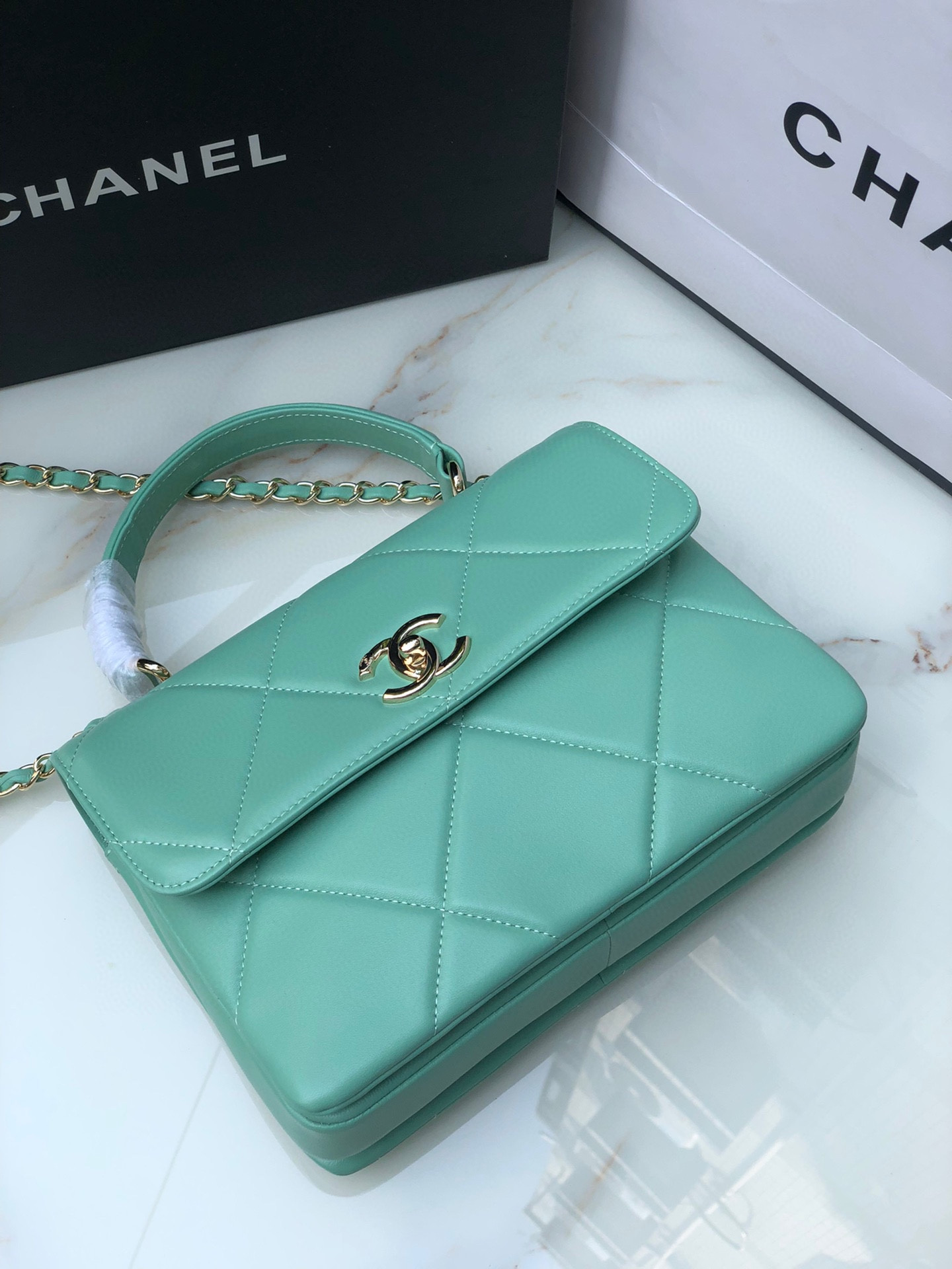 Ch*el flap bag with top handle blue 6.6 × 9.8 × 4.7 in
