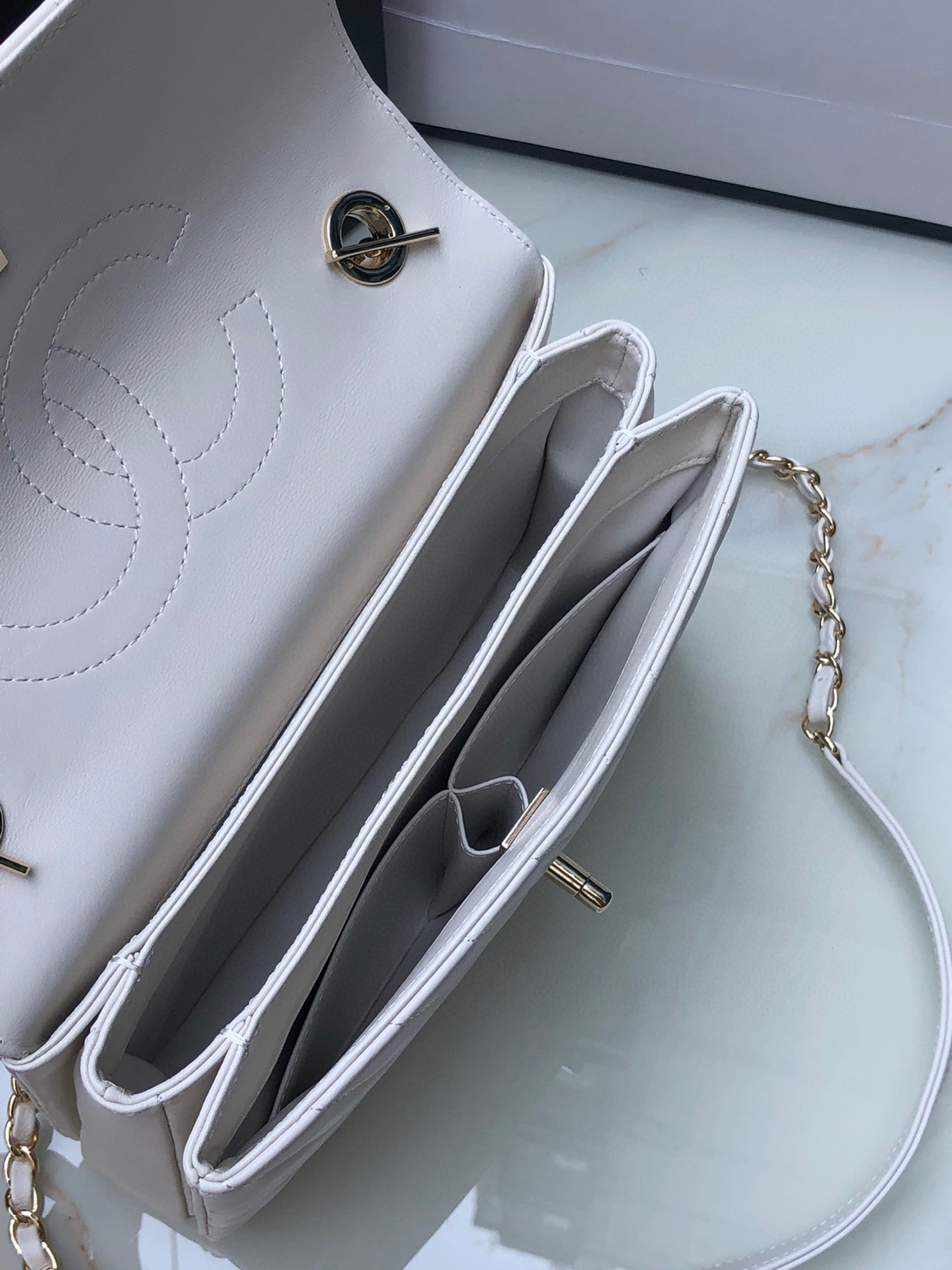 Ch*el flap bag with top handle white 6.6 × 9.8 × 4.7 in