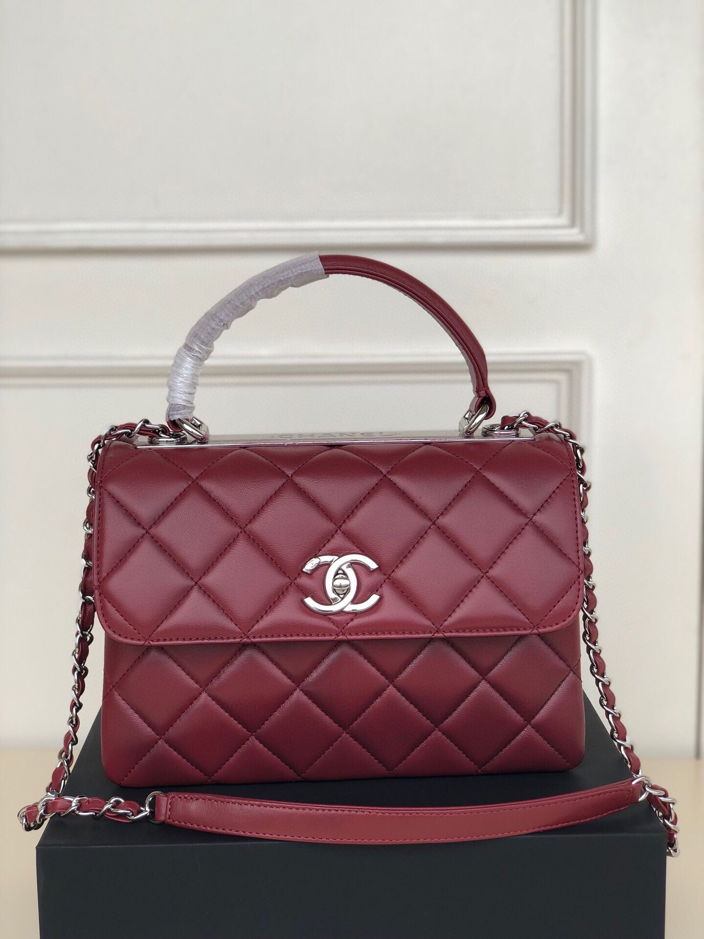 Ch*el flap bag with top handle 6.6 × 9.8 × 4.7 in