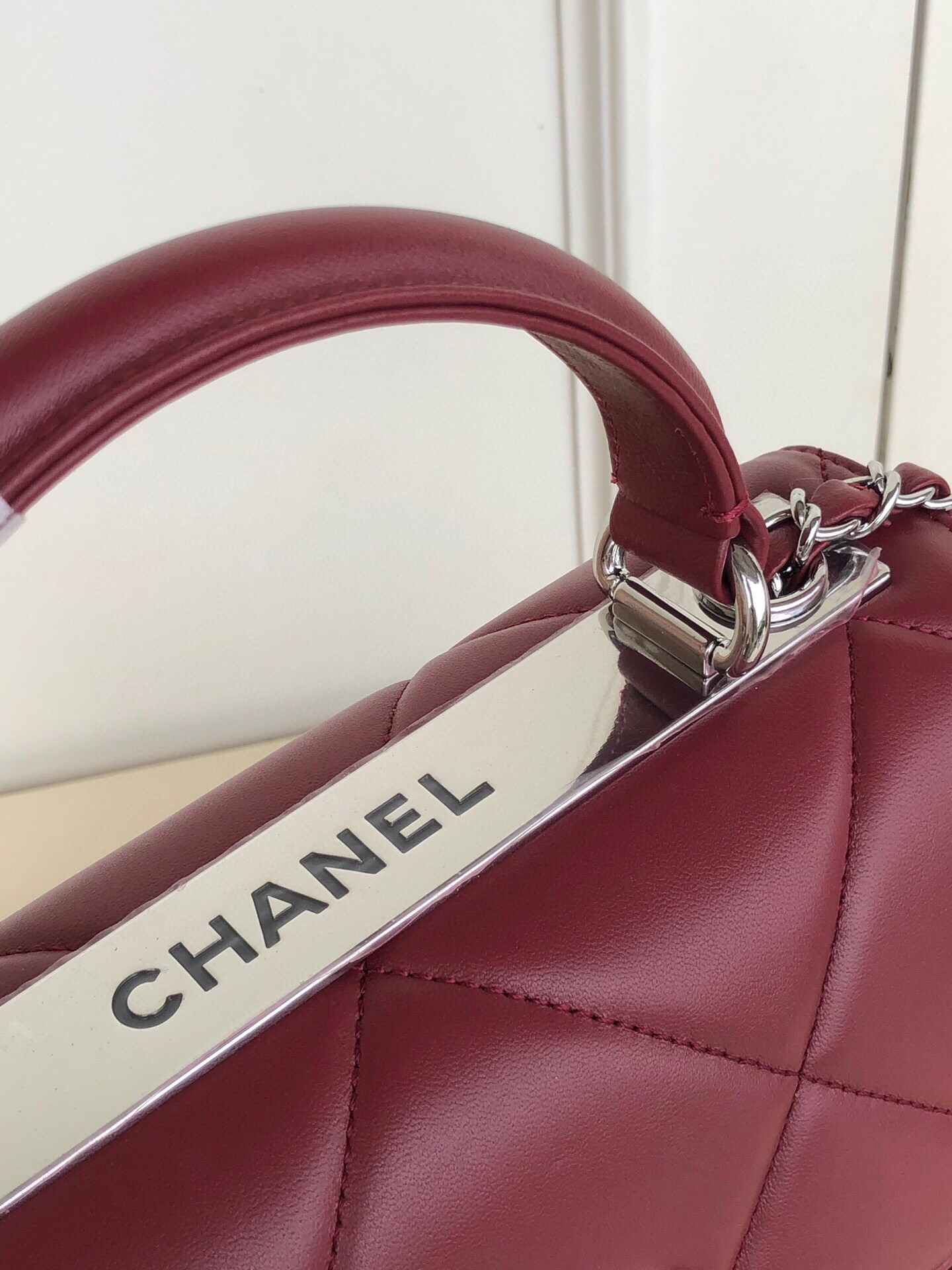 Ch*el flap bag with top handle 6.6 × 9.8 × 4.7 in