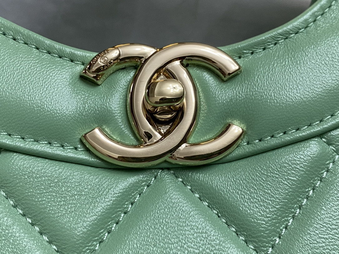 Ch*el  shopping bag shiny lambskin & gold-tone metal light green 35x39x8cm