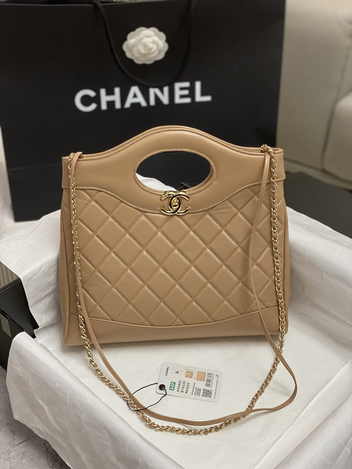 Ch*el shopping bag shiny lambskin & gold-tone metal 11.7 × 11.3 × 3.5 in