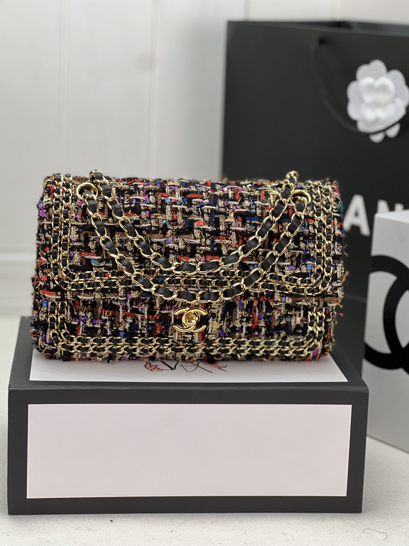 Ch*el classic 11.12 handbag tweed & gold-tone metal   6 × 9.9 × 2.5 in