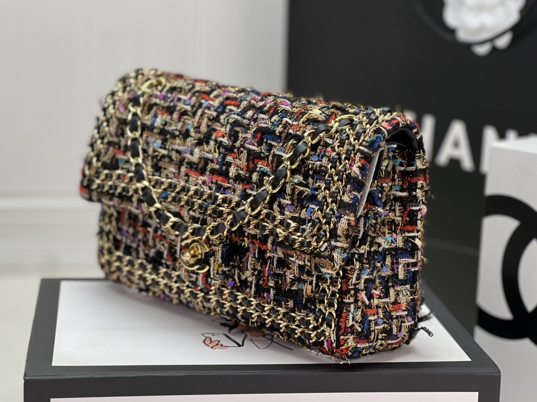 Ch*el classic 11.12 handbag tweed & gold-tone metal   6 × 9.9 × 2.5 in