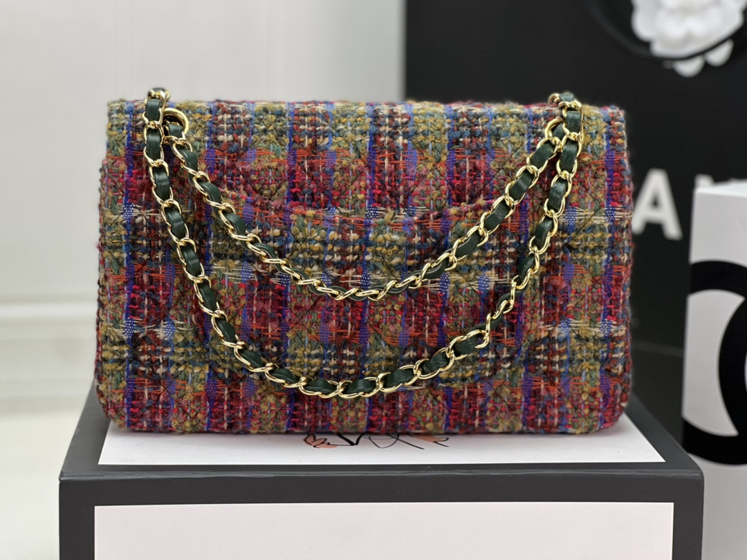 Ch*el classic 11.12 handbag tweed & gold-tone metal   6 × 9.9 × 2.5 in