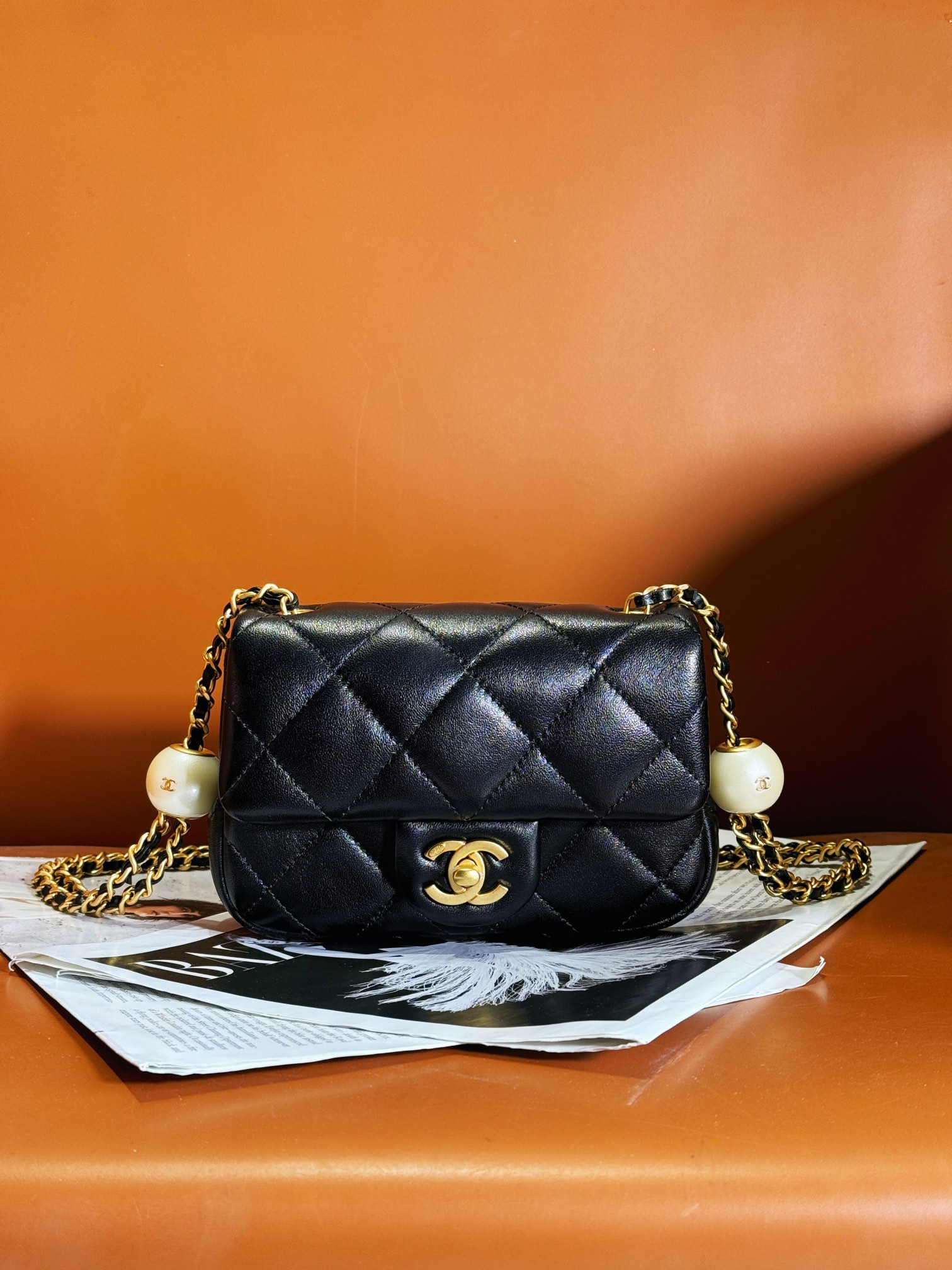 Ch*el mini classic handbag pearl chain 11.5x17x5cm