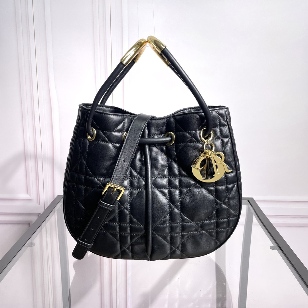 medium D*or nolita bag black macrocannage lambskin 10.5 x 10 x 2 inches